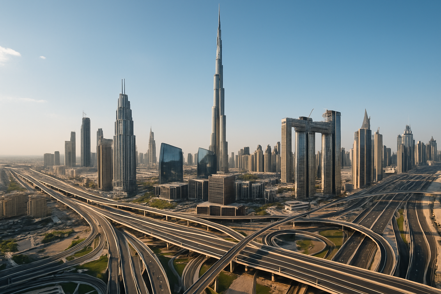 Dubai skyline with advanced road infrastructure