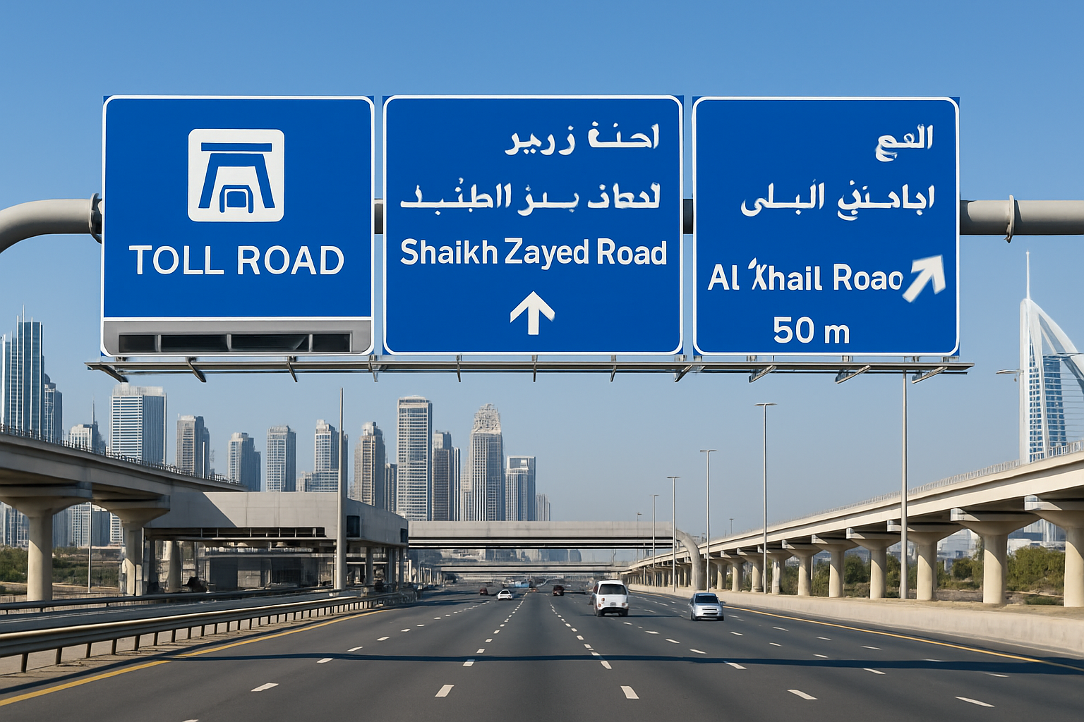 Modern toll road in Dubai with clear signage